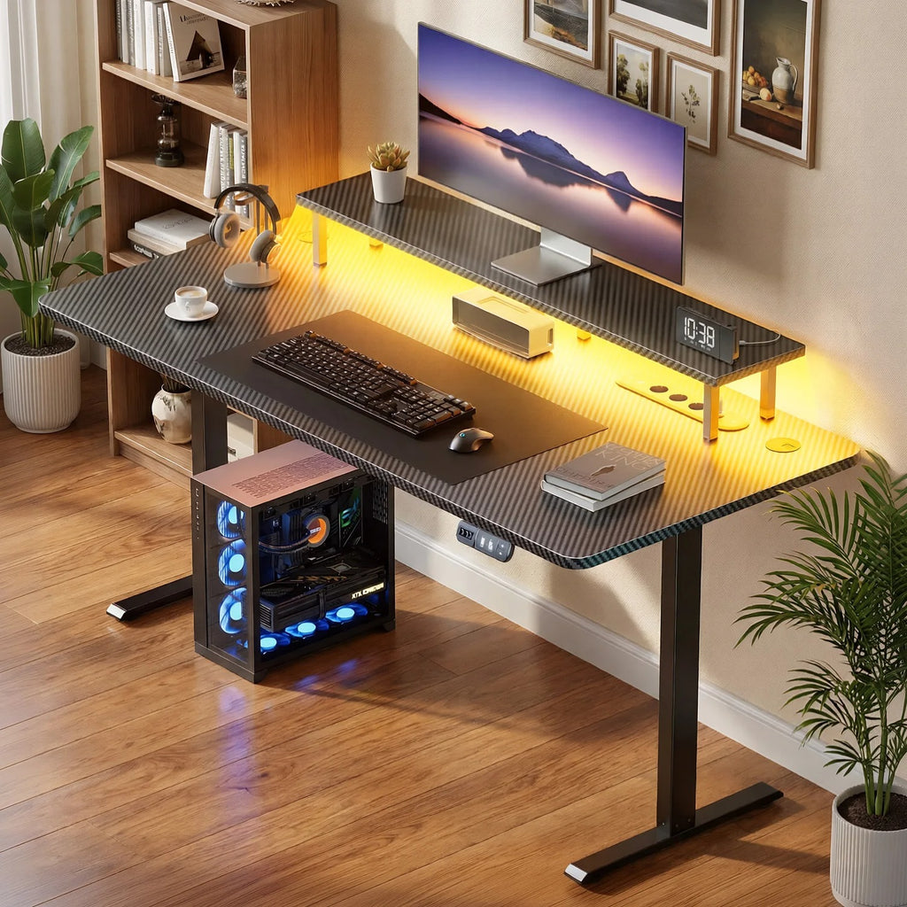 Bureau assis-debout réglable en hauteur avec prises pour télétravail et bureau