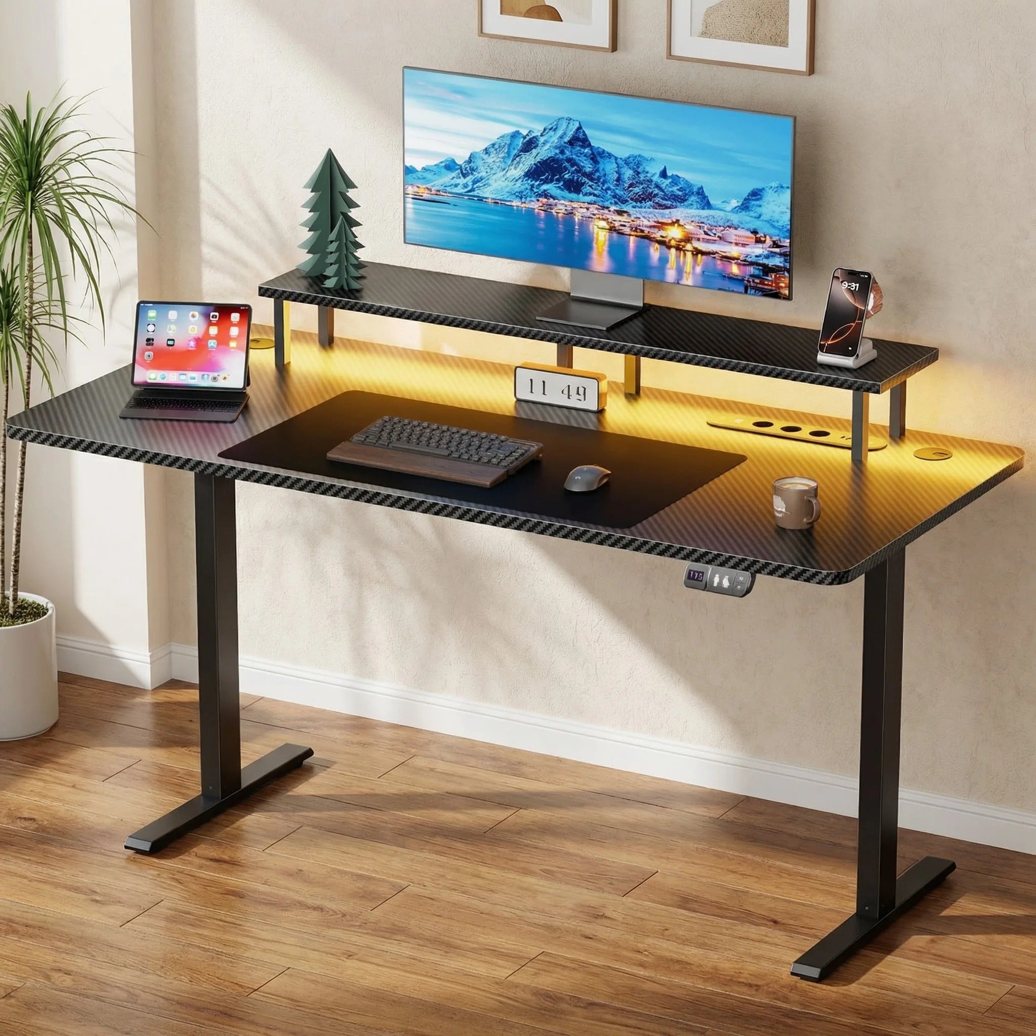 Bureau assis-debout réglable en hauteur avec prises pour télétravail et bureau